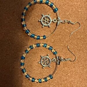 Silver and Blue Beaded Hoop Earrings
